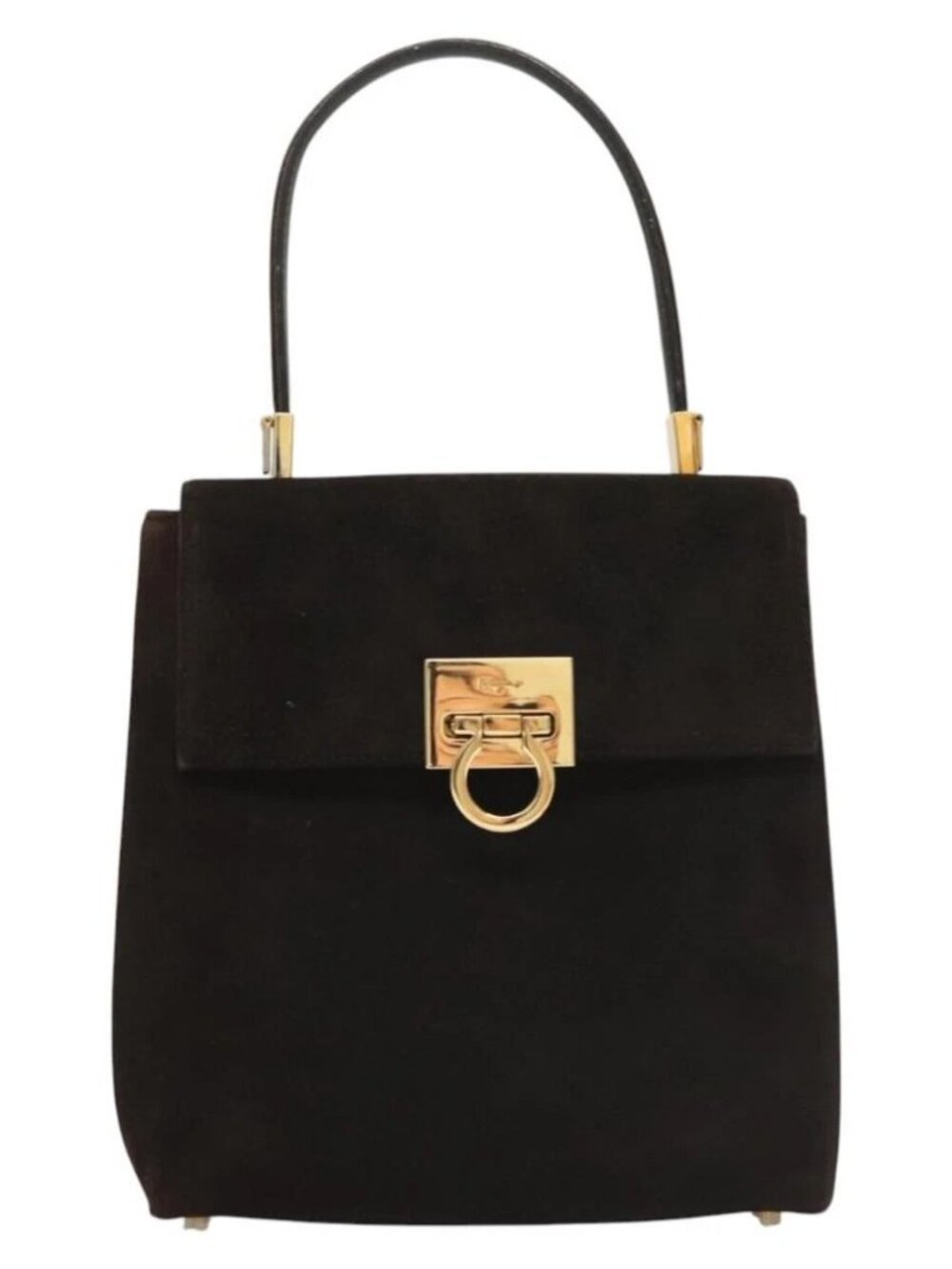 Salvatore Ferragamo Gancini Hand Bag Suede 2way Black Gold Auth BA2414 - Picture 2 of 16